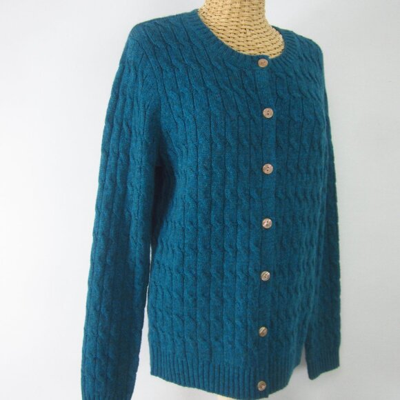 New Appleseeds Womens S Heather Teal Blue Purple Wool Long Sleeve Cable Cardigan - Picture 3 of 10